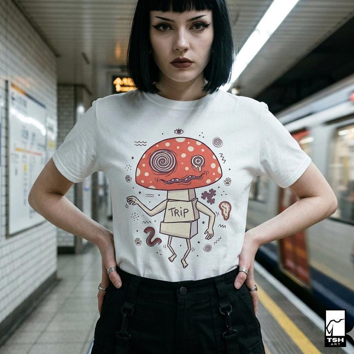 Trippy Mushroom Tee | Retro Mushroom T Shirt | Cottagecore Graphic Tee | Indie Art Shirt | Whimsical Nature Tee | Mushroom Lover Gift