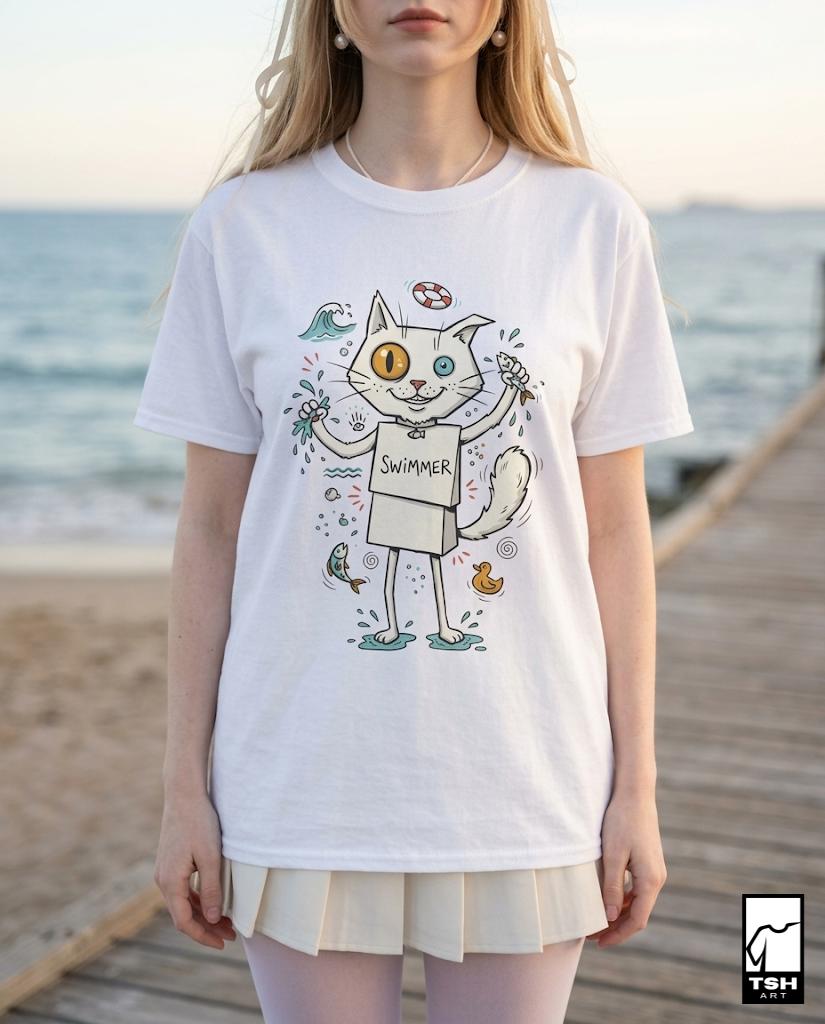 Turkish Van Cat Tee | Swimming Cat Shirt | Funny Water Cat Tee | Heterochromia Graphic Tee | White Cat Shirt | Cat Lover Gift