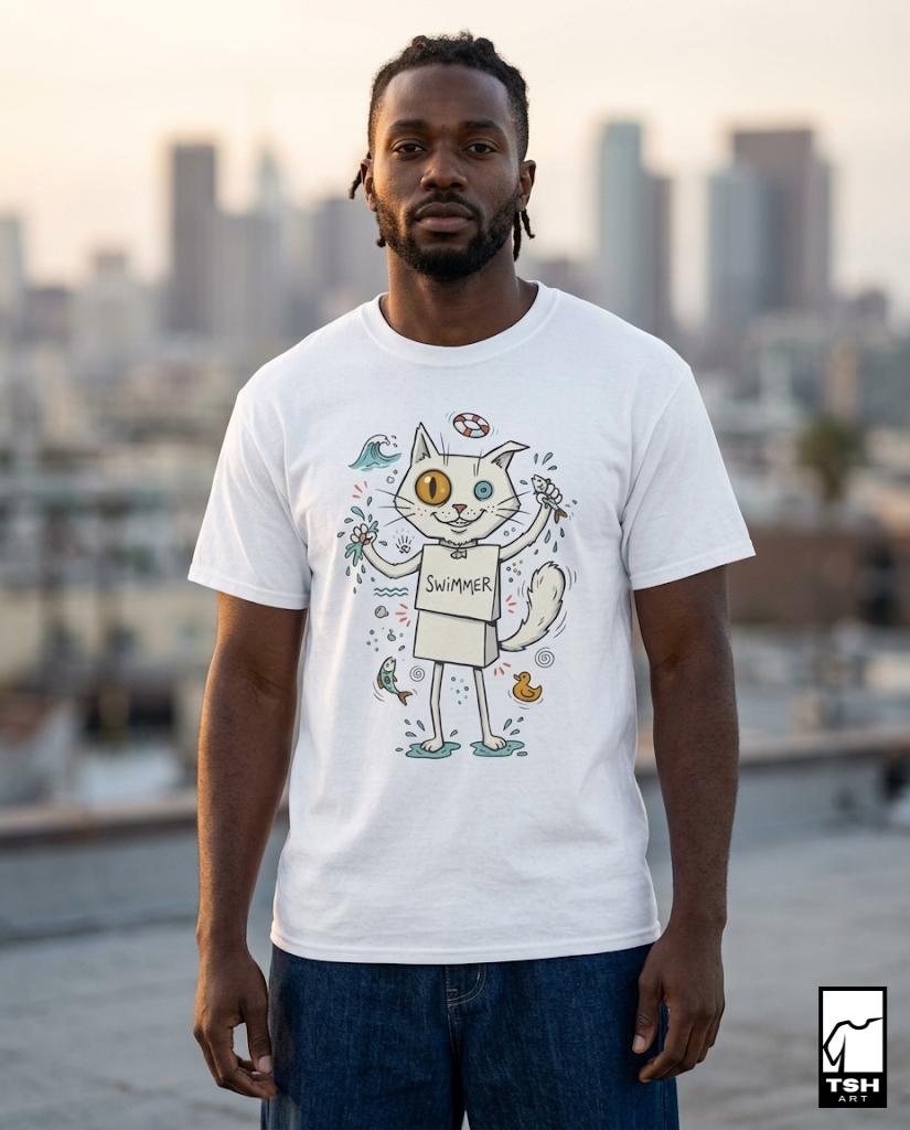 Turkish Van Cat Tee | Swimming Cat Shirt | Funny Water Cat Tee | Heterochromia Graphic Tee | White Cat Shirt | Cat Lover Gift