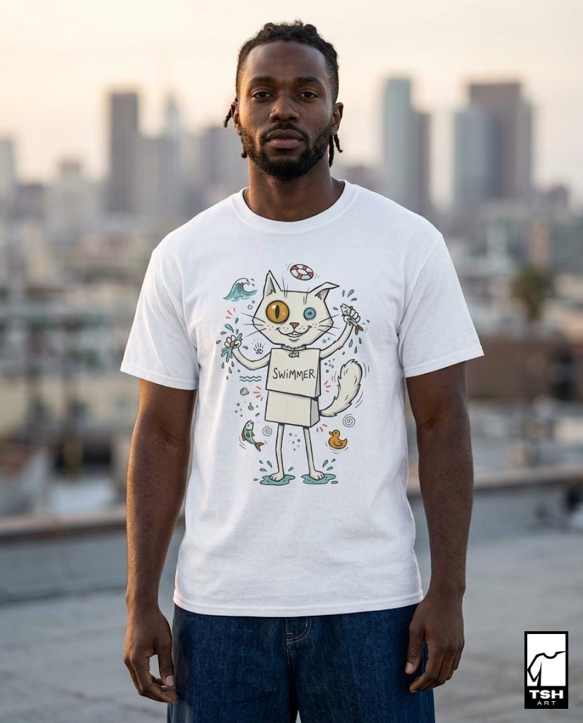 Turkish Van Cat Tee | Swimming Cat Shirt | Funny Water Cat Tee | Heterochromia Graphic Tee | White Cat Shirt | Cat Lover Gift
