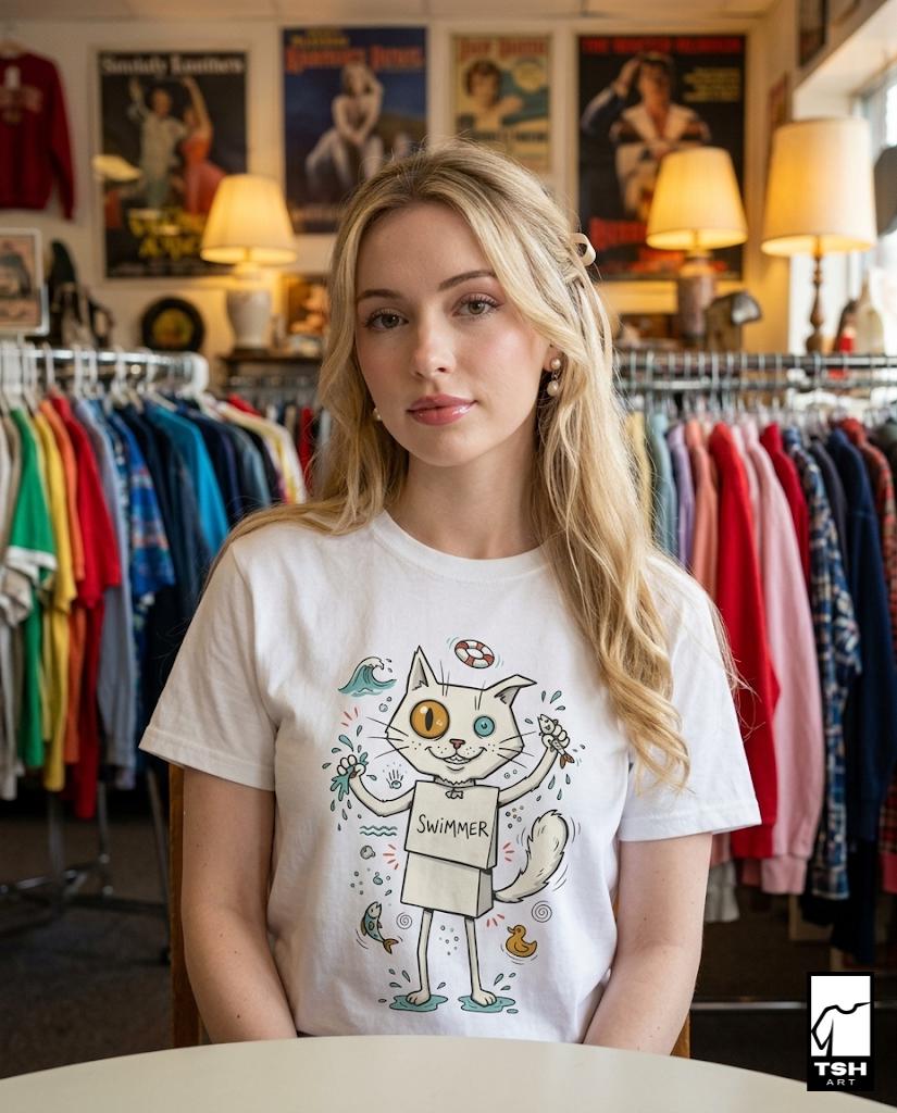 Turkish Van Cat Tee | Swimming Cat Shirt | Funny Water Cat Tee | Heterochromia Graphic Tee | White Cat Shirt | Cat Lover Gift