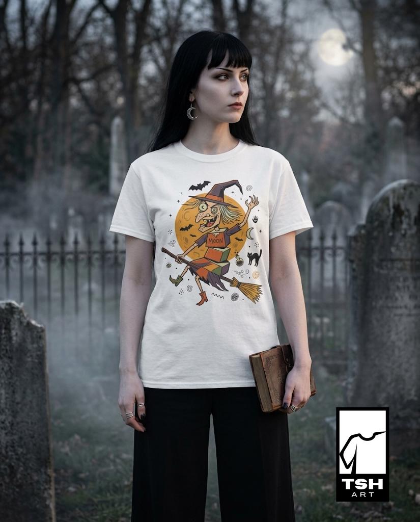 Funny Witch T-Shirt | Vintage Witch Shirt | Flying Broom Graphic Tee | Retro Halloween Shirt | Spooky Witch Gift | Unisex Halloween Tee