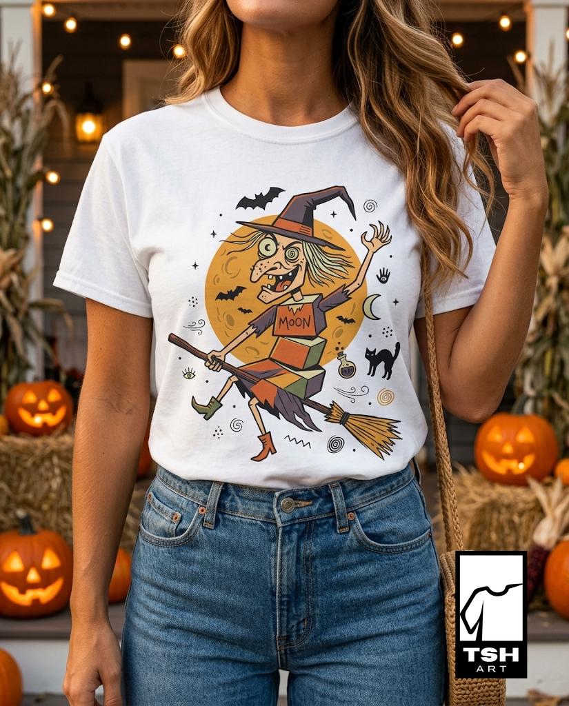 Funny Witch T-Shirt | Vintage Witch Shirt | Flying Broom Graphic Tee | Retro Halloween Shirt | Spooky Witch Gift | Unisex Halloween Tee