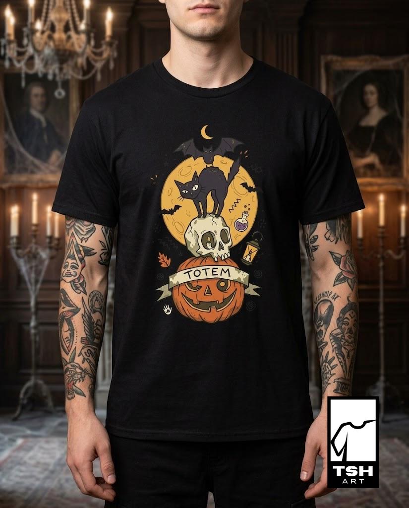 Halloween Black Cat Shirt | Skull Pumpkin Graphic Tee | Gothic Tattoo Flash T Shirt | Cat Lover Tee | Vintage Horror Tee | Unisex Gift