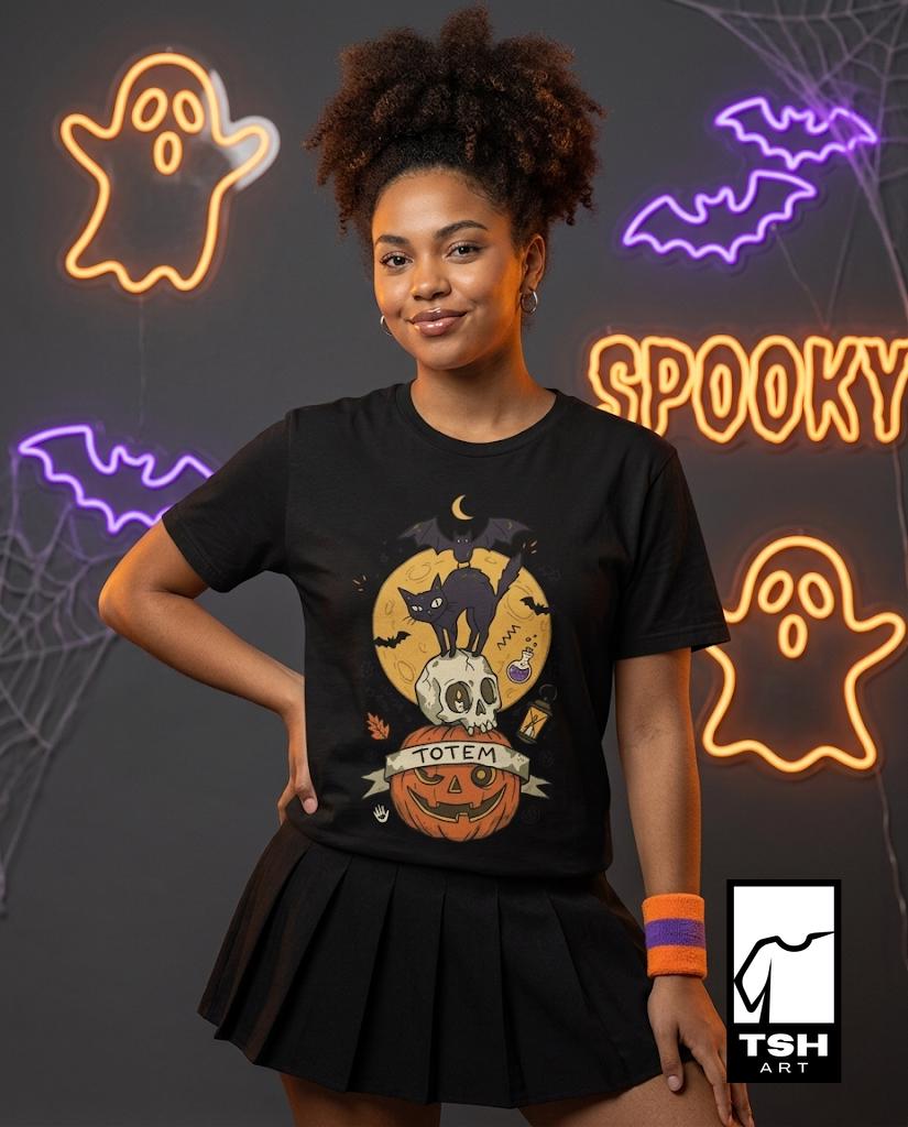 Halloween Black Cat Shirt | Skull Pumpkin Graphic Tee | Gothic Tattoo Flash T Shirt | Cat Lover Tee | Vintage Horror Tee | Unisex Gift