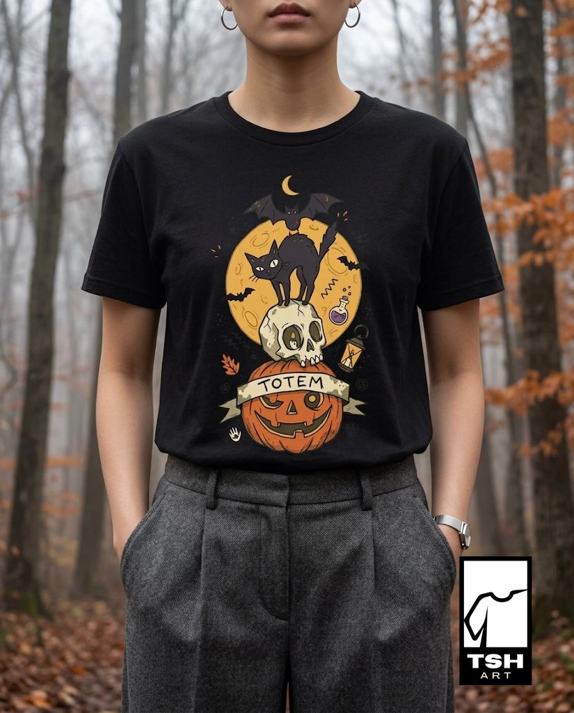 Halloween Black Cat Shirt | Skull Pumpkin Graphic Tee | Gothic Tattoo Flash T Shirt | Cat Lover Tee | Vintage Horror Tee | Unisex Gift