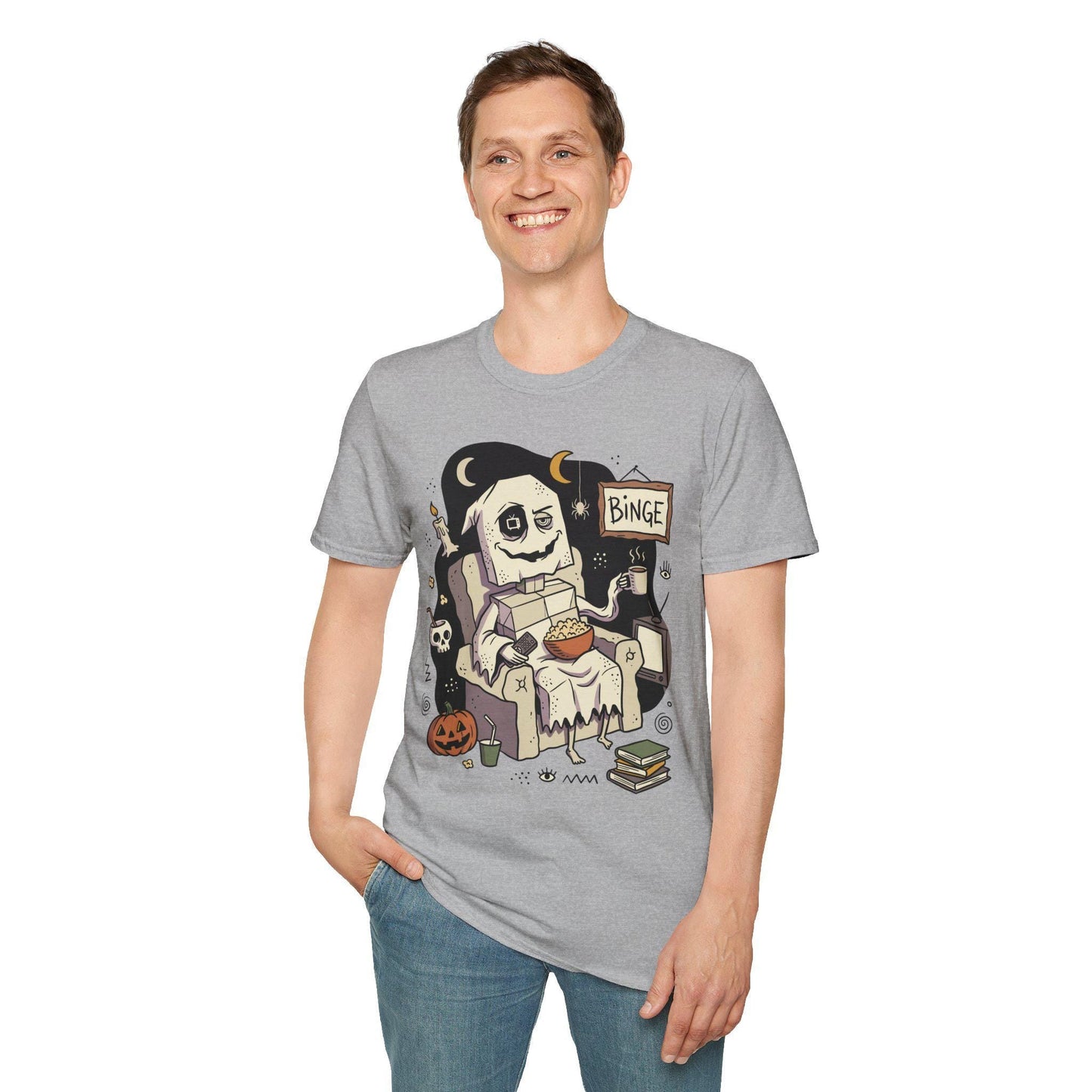 Cozy Halloween Ghost Shirt | Movie Night Graphic Tee | Spooky Season T Shirt | Autumn Binge Watching Tee | Vintage Cozy Tee | Unisex Gift