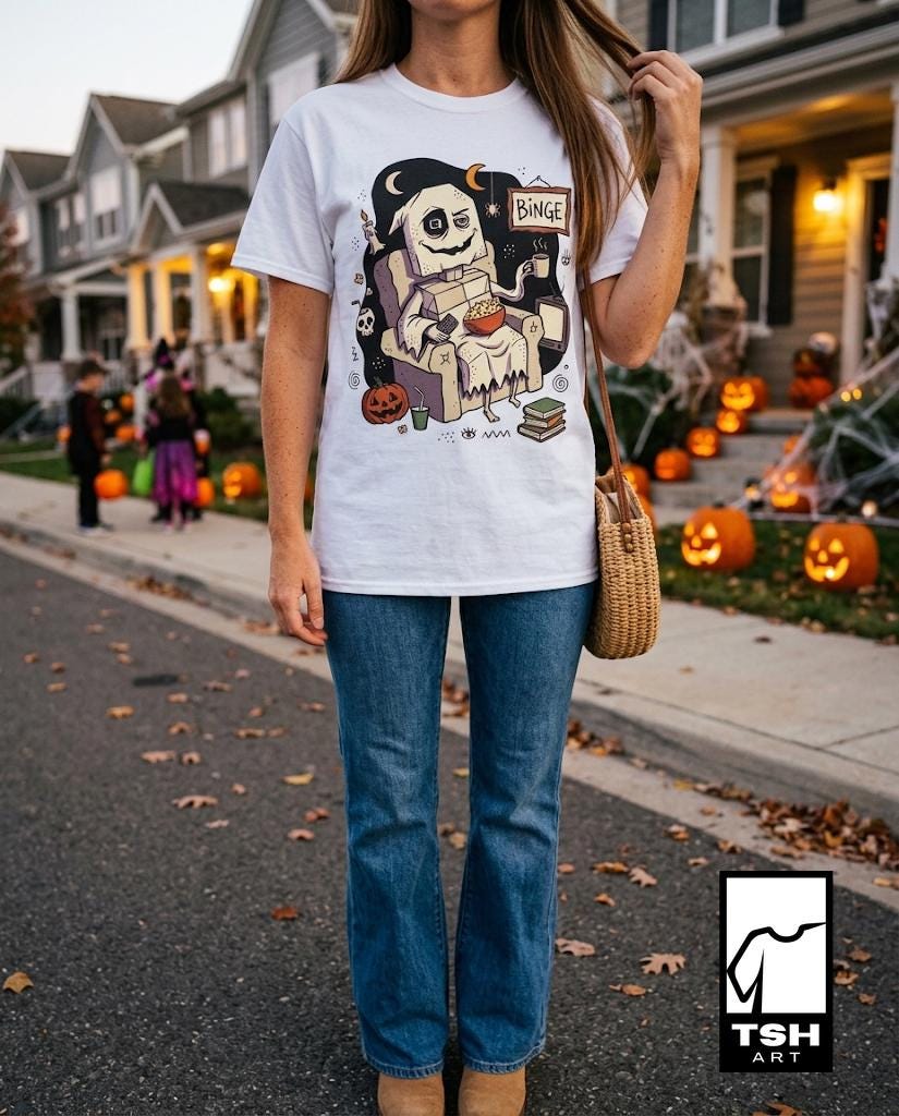 Cozy Halloween Ghost Shirt | Movie Night Graphic Tee | Spooky Season T Shirt | Autumn Binge Watching Tee | Vintage Cozy Tee | Unisex Gift