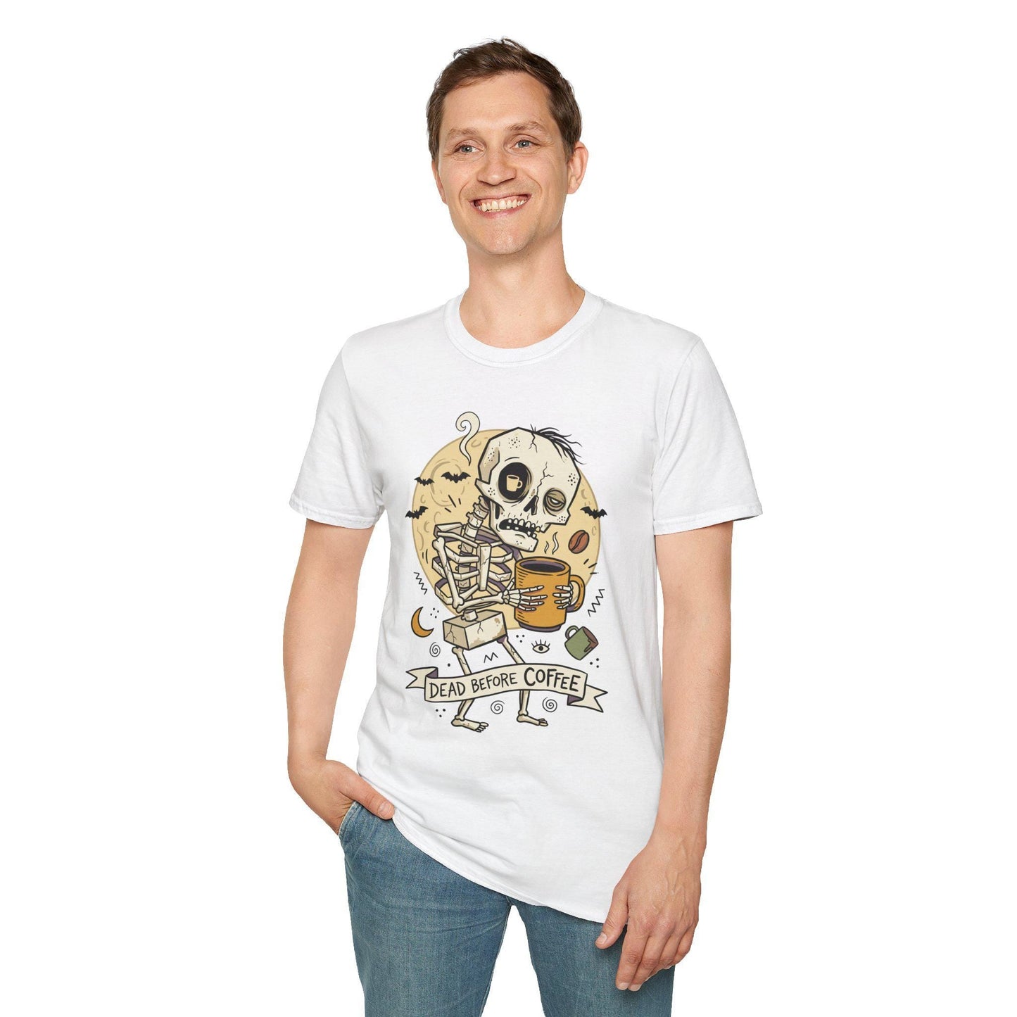 Dead Before Coffee Shirt | Skeleton Coffee T Shirt | Funny Coffee Lover Tee | Caffeine Skull Graphic Tee | Retro Coffee Tee | Unisex Gift