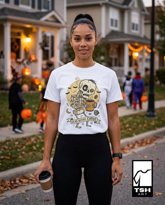 Dead Before Coffee Shirt | Skeleton Coffee T Shirt | Funny Coffee Lover Tee | Caffeine Skull Graphic Tee | Retro Coffee Tee | Unisex Gift