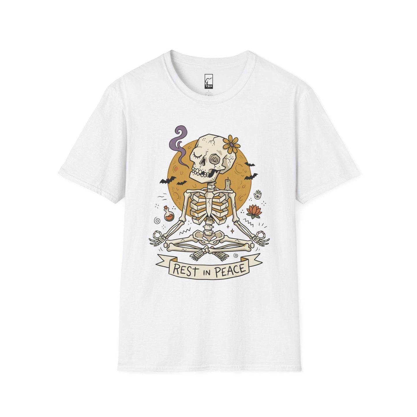 Skeleton Halloween Shirt | Rest In Peace Skull Tee | Full Moon Bat Graphic Tee | Yoga Meditation T Shirt | Vintage Spooky Tee | Unisex Gift