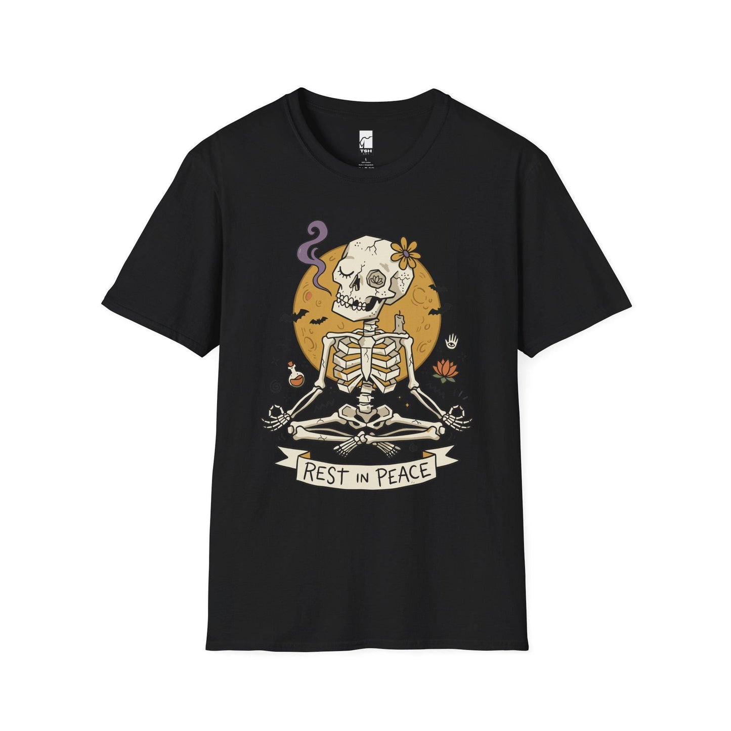Skeleton Halloween Shirt | Rest In Peace Skull Tee | Full Moon Bat Graphic Tee | Yoga Meditation T Shirt | Vintage Spooky Tee | Unisex Gift