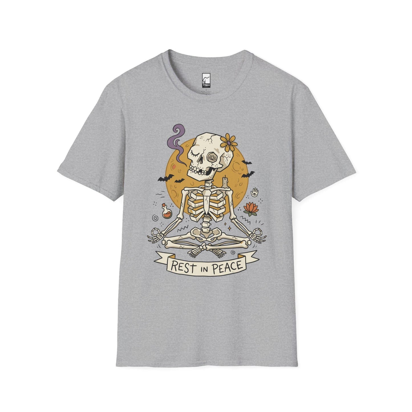 Skeleton Halloween Shirt | Rest In Peace Skull Tee | Full Moon Bat Graphic Tee | Yoga Meditation T Shirt | Vintage Spooky Tee | Unisex Gift