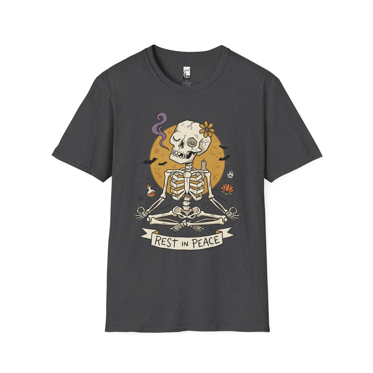 Skeleton Halloween Shirt | Rest In Peace Skull Tee | Full Moon Bat Graphic Tee | Yoga Meditation T Shirt | Vintage Spooky Tee | Unisex Gift