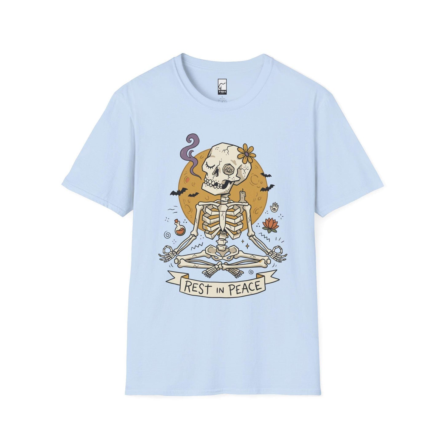 Skeleton Halloween Shirt | Rest In Peace Skull Tee | Full Moon Bat Graphic Tee | Yoga Meditation T Shirt | Vintage Spooky Tee | Unisex Gift