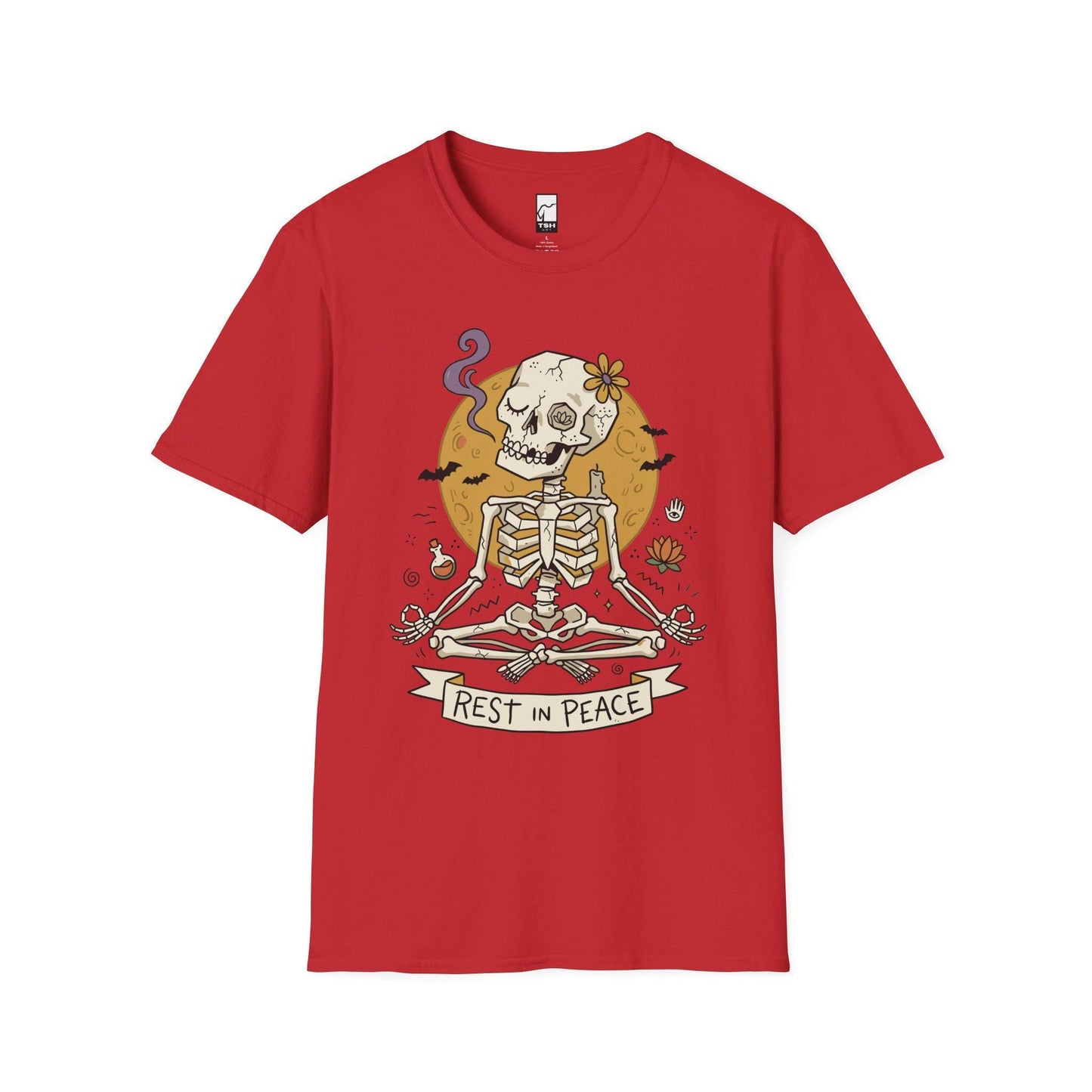 Skeleton Halloween Shirt | Rest In Peace Skull Tee | Full Moon Bat Graphic Tee | Yoga Meditation T Shirt | Vintage Spooky Tee | Unisex Gift
