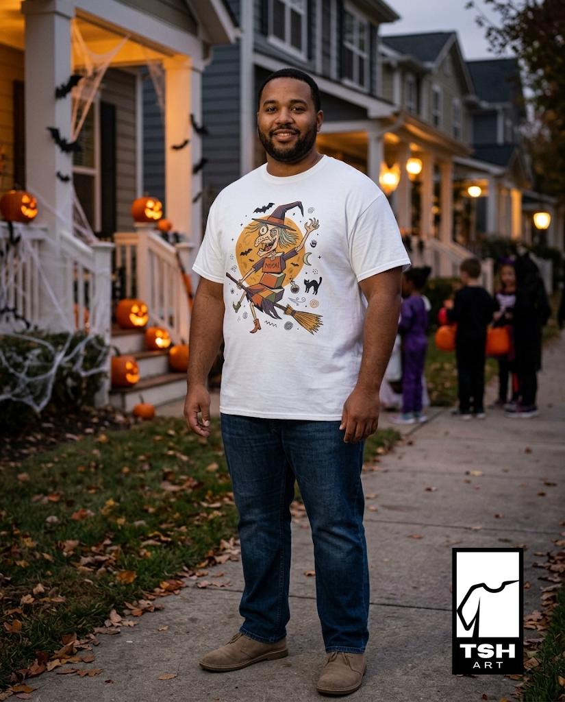 Funny Witch T-Shirt | Vintage Witch Shirt | Flying Broom Graphic Tee | Retro Halloween Shirt | Spooky Witch Gift | Unisex Halloween Tee