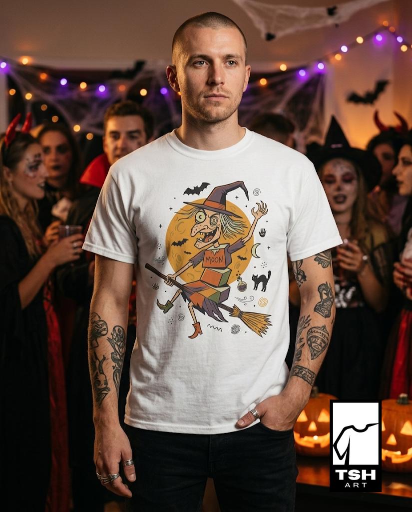 Funny Witch T-Shirt | Vintage Witch Shirt | Flying Broom Graphic Tee | Retro Halloween Shirt | Spooky Witch Gift | Unisex Halloween Tee