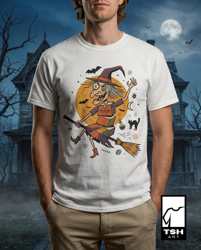 Funny Witch T-Shirt | Vintage Witch Shirt | Flying Broom Graphic Tee | Retro Halloween Shirt | Spooky Witch Gift | Unisex Halloween Tee