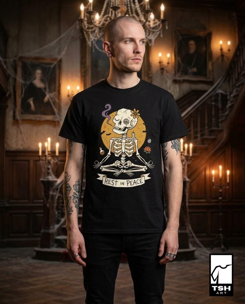 Skeleton Halloween Shirt | Rest In Peace Skull Tee | Full Moon Bat Graphic Tee | Yoga Meditation T Shirt | Vintage Spooky Tee | Unisex Gift