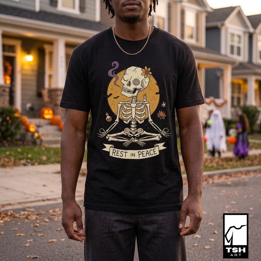 Skeleton Halloween Shirt | Rest In Peace Skull Tee | Full Moon Bat Graphic Tee | Yoga Meditation T Shirt | Vintage Spooky Tee | Unisex Gift