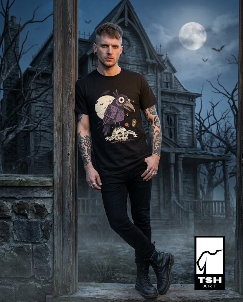 Halloween Raven Skull Shirt | Gothic Crow Graphic Tee | Full Moon T Shirt | Dark Academia Tattoo Tee | Vintage Horror Tee | Unisex Gift