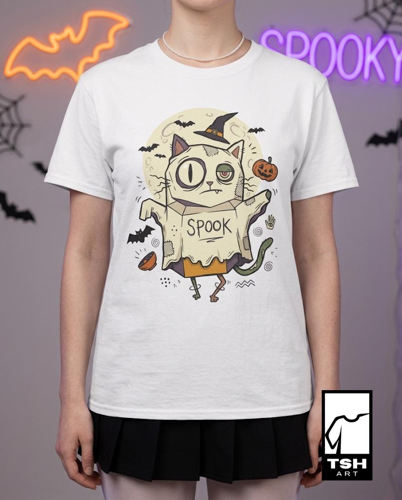 Halloween Cat Ghost Shirt | Funny Witch Cat Tee | Spooky Season Graphic T Shirt | Trick or Treat Costume Top | Cat Mom Gift | Unisex Gift