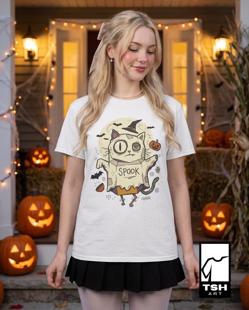 Halloween Cat Ghost Shirt | Funny Witch Cat Tee | Spooky Season Graphic T Shirt | Trick or Treat Costume Top | Cat Mom Gift | Unisex Gift