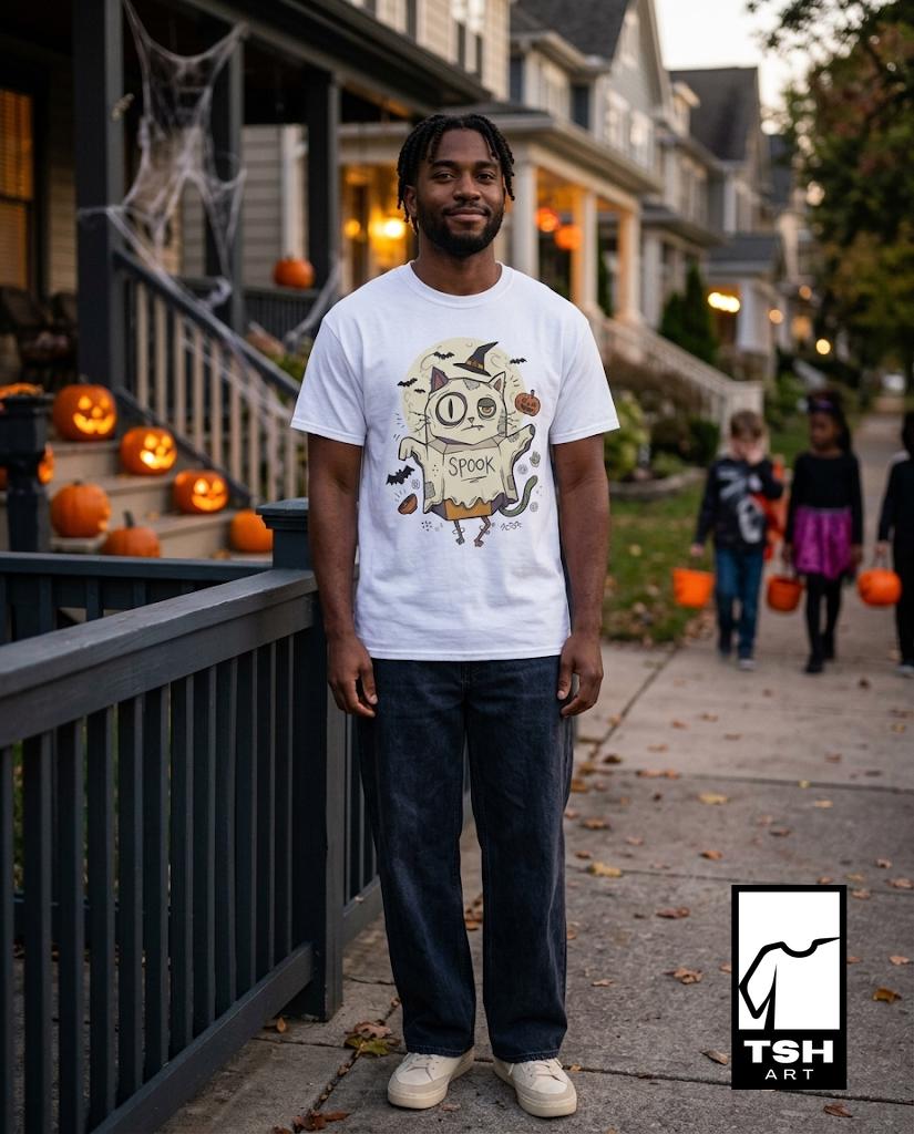 Halloween Cat Ghost Shirt | Funny Witch Cat Tee | Spooky Season Graphic T Shirt | Trick or Treat Costume Top | Cat Mom Gift | Unisex Gift