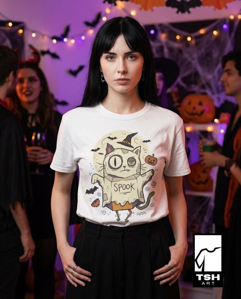 Halloween Cat Ghost Shirt | Funny Witch Cat Tee | Spooky Season Graphic T Shirt | Trick or Treat Costume Top | Cat Mom Gift | Unisex Gift