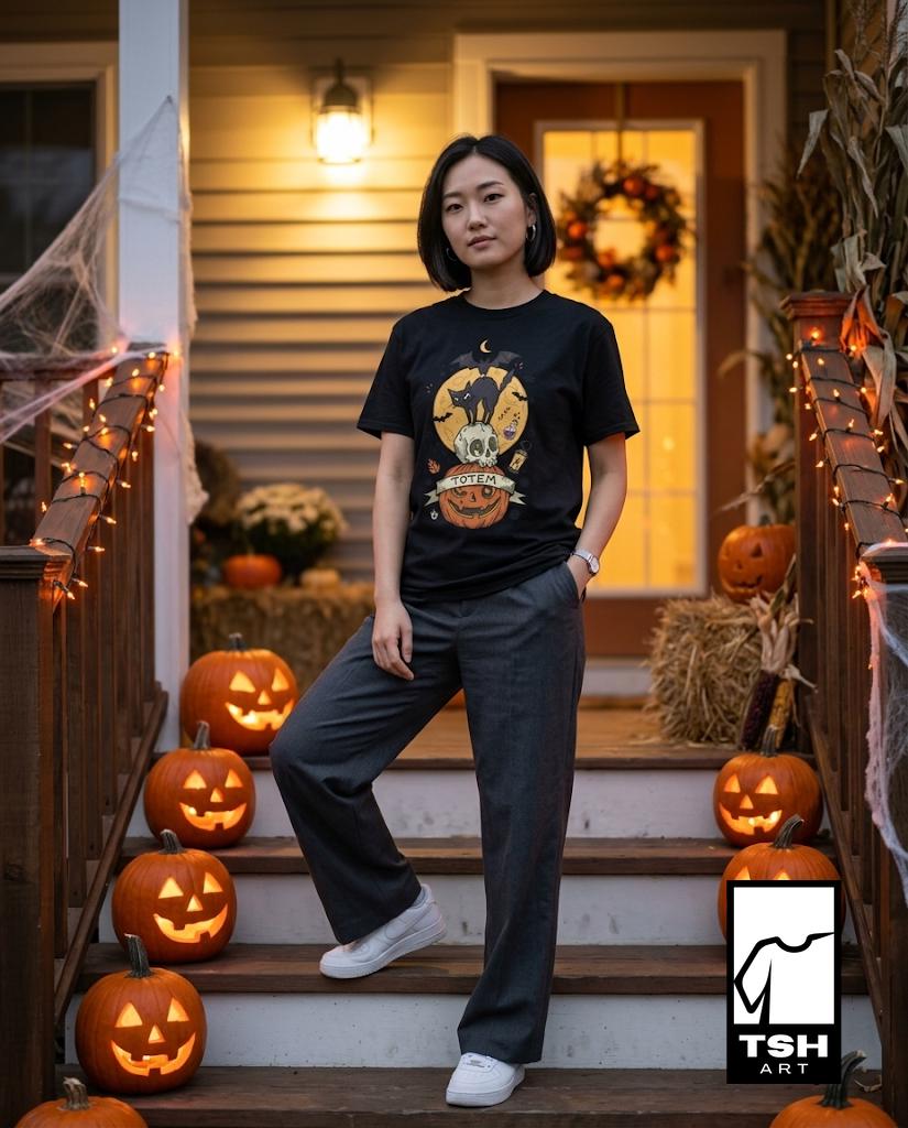 Halloween Black Cat Shirt | Skull Pumpkin Graphic Tee | Gothic Tattoo Flash T Shirt | Cat Lover Tee | Vintage Horror Tee | Unisex Gift