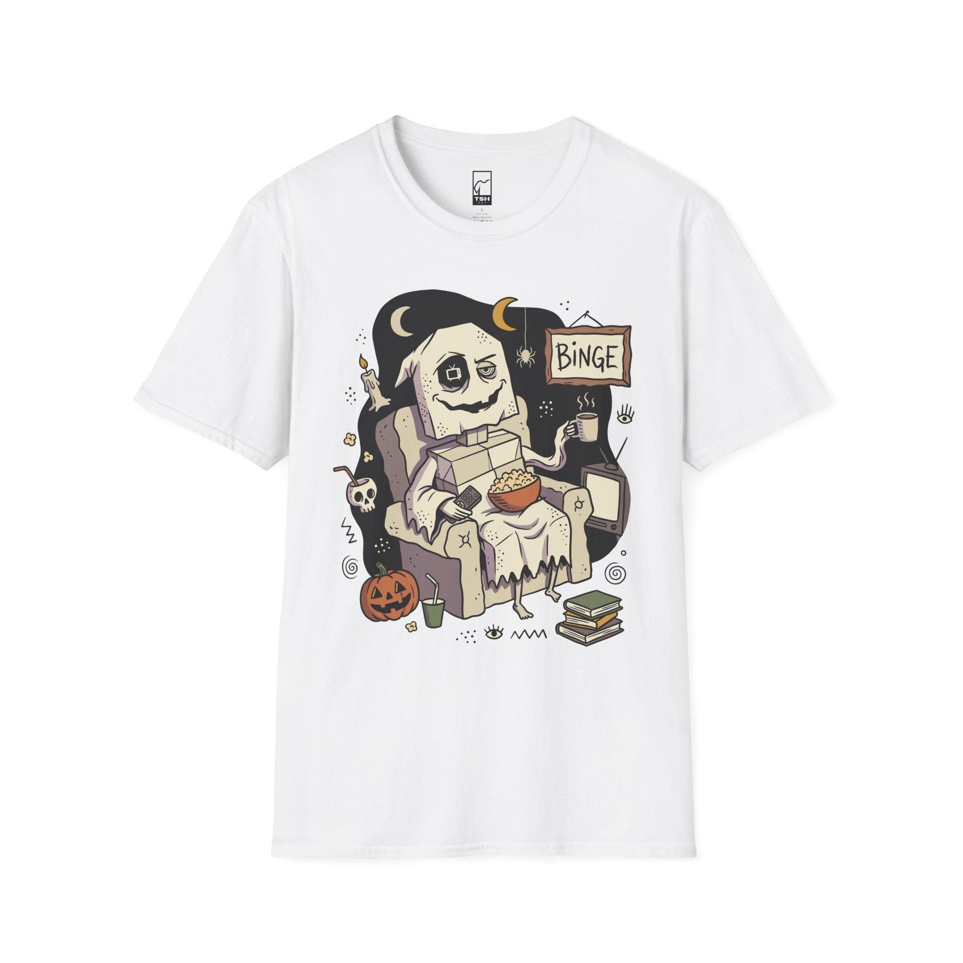 Cozy Halloween Ghost Shirt | Movie Night Graphic Tee | Spooky Season T Shirt | Autumn Binge Watching Tee | Vintage Cozy Tee | Unisex Gift