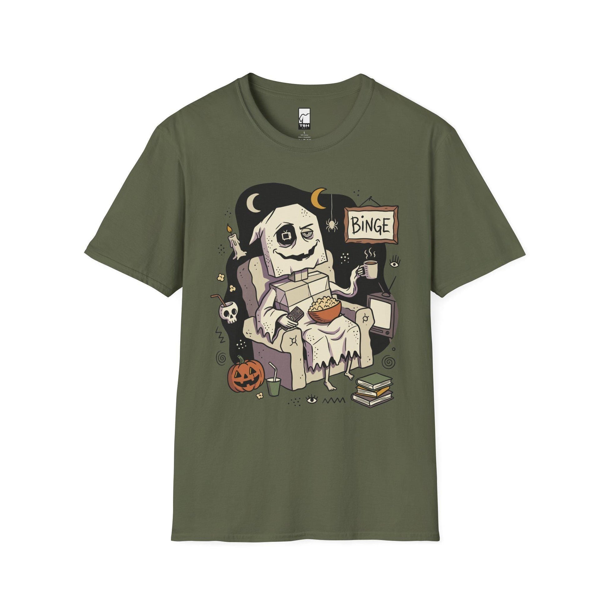 Cozy Halloween Ghost Shirt | Movie Night Graphic Tee | Spooky Season T Shirt | Autumn Binge Watching Tee | Vintage Cozy Tee | Unisex Gift