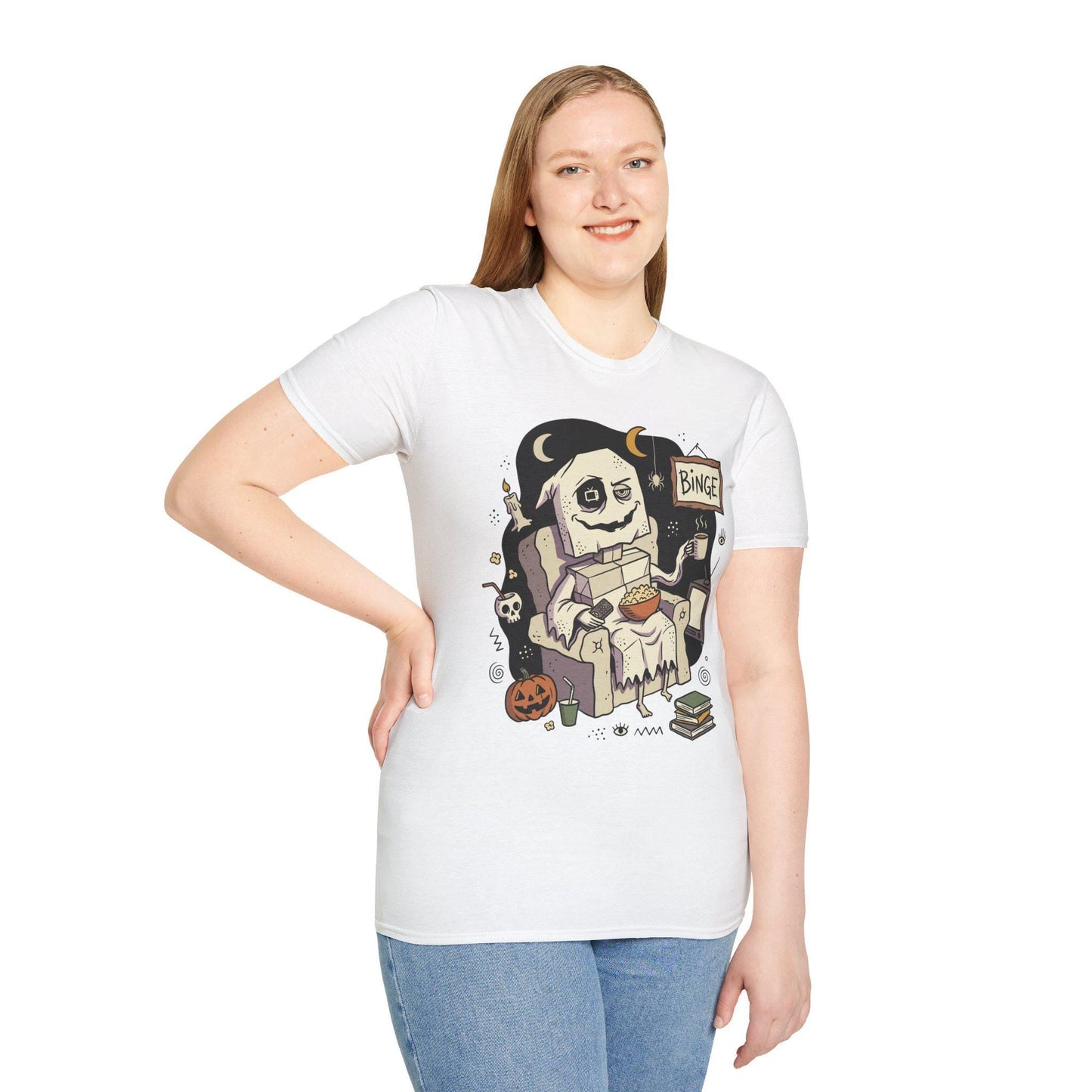 Cozy Halloween Ghost Shirt | Movie Night Graphic Tee | Spooky Season T Shirt | Autumn Binge Watching Tee | Vintage Cozy Tee | Unisex Gift
