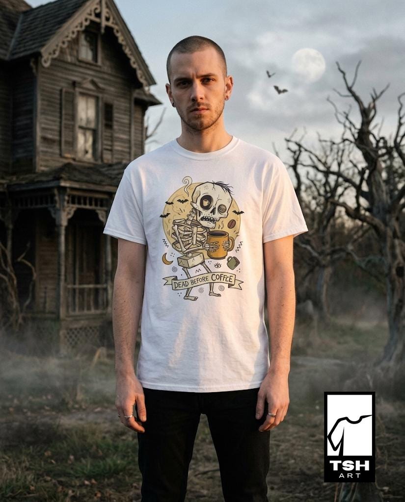 Dead Before Coffee Shirt | Skeleton Coffee T Shirt | Funny Coffee Lover Tee | Caffeine Skull Graphic Tee | Retro Coffee Tee | Unisex Gift