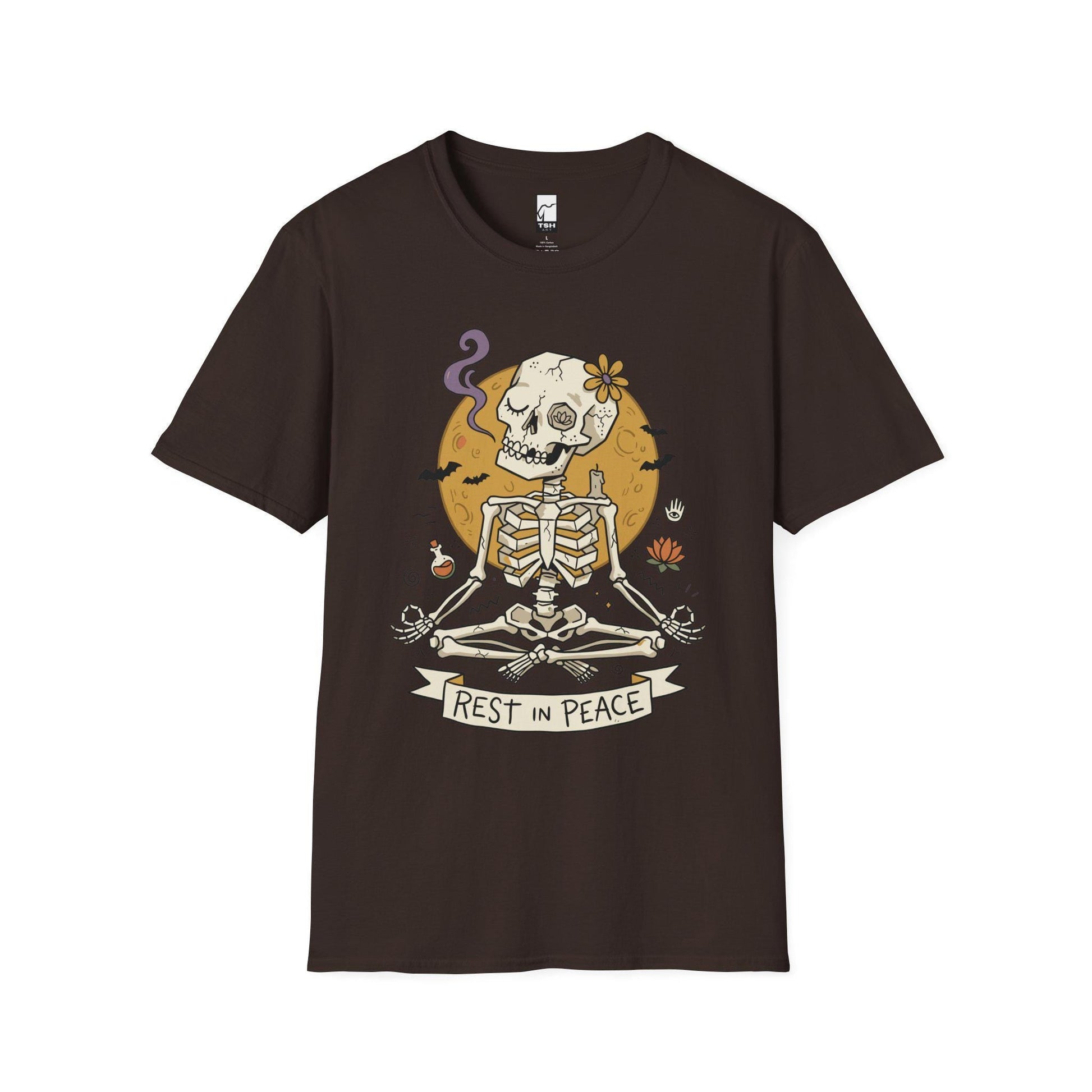 Skeleton Halloween Shirt | Rest In Peace Skull Tee | Full Moon Bat Graphic Tee | Yoga Meditation T Shirt | Vintage Spooky Tee | Unisex Gift