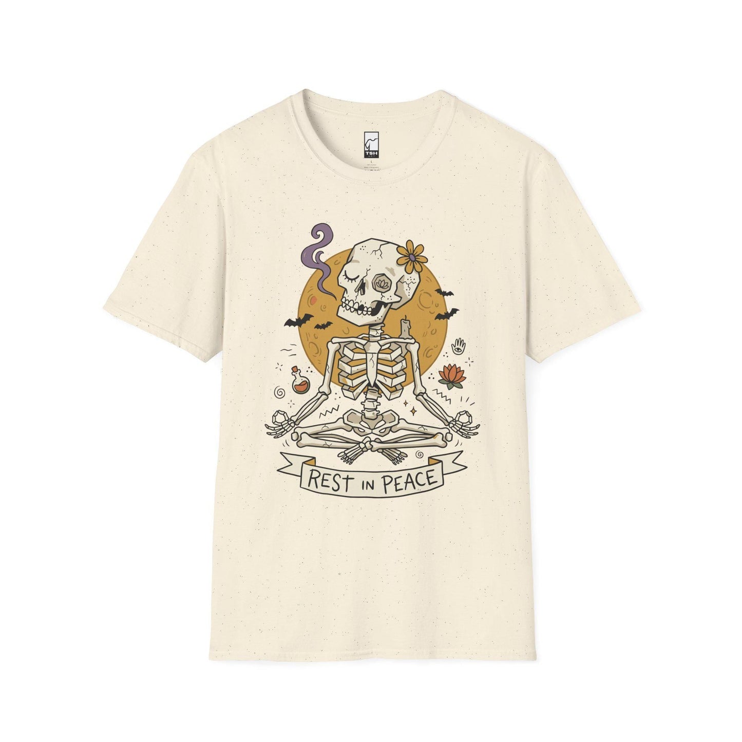 Skeleton Halloween Shirt | Rest In Peace Skull Tee | Full Moon Bat Graphic Tee | Yoga Meditation T Shirt | Vintage Spooky Tee | Unisex Gift