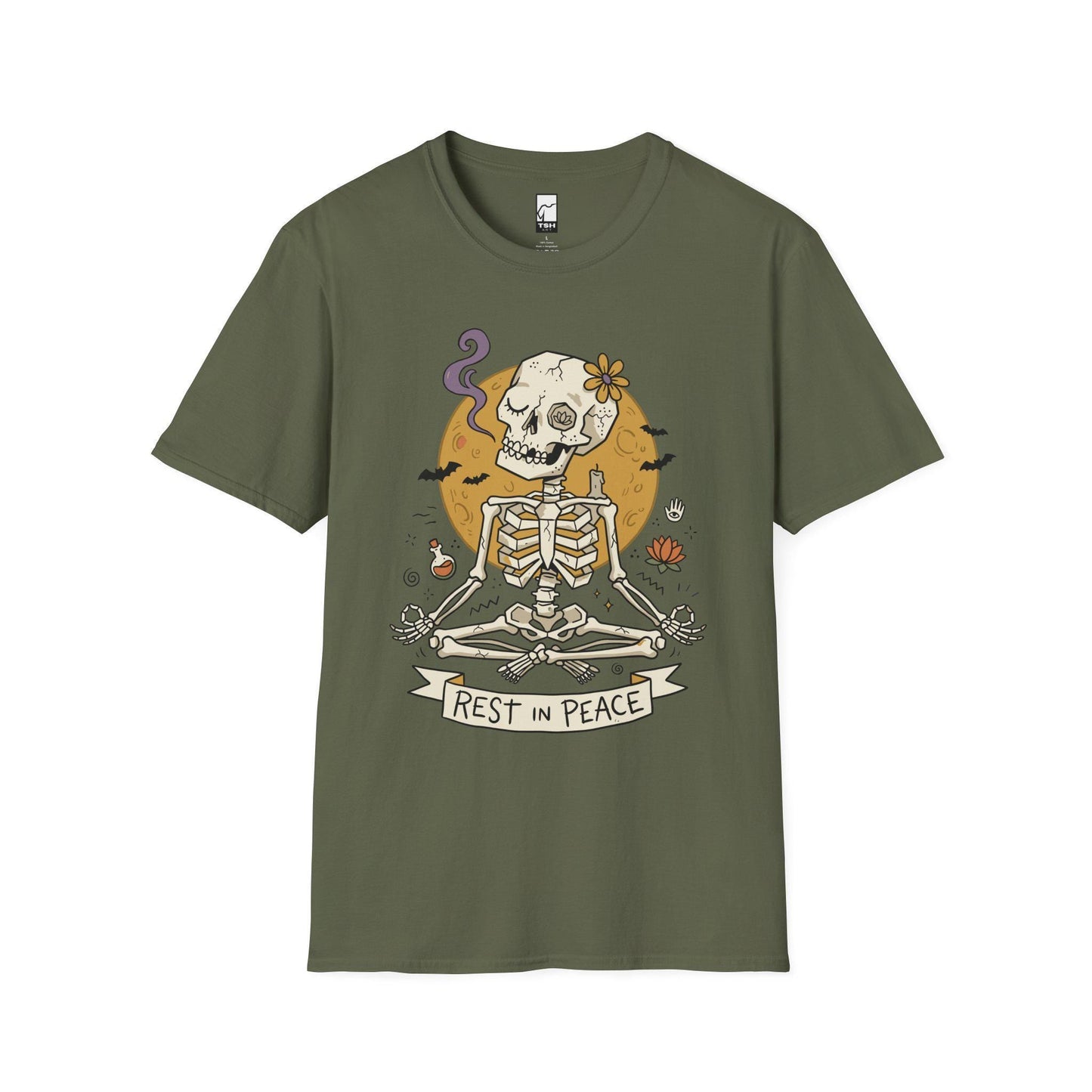 Skeleton Halloween Shirt | Rest In Peace Skull Tee | Full Moon Bat Graphic Tee | Yoga Meditation T Shirt | Vintage Spooky Tee | Unisex Gift