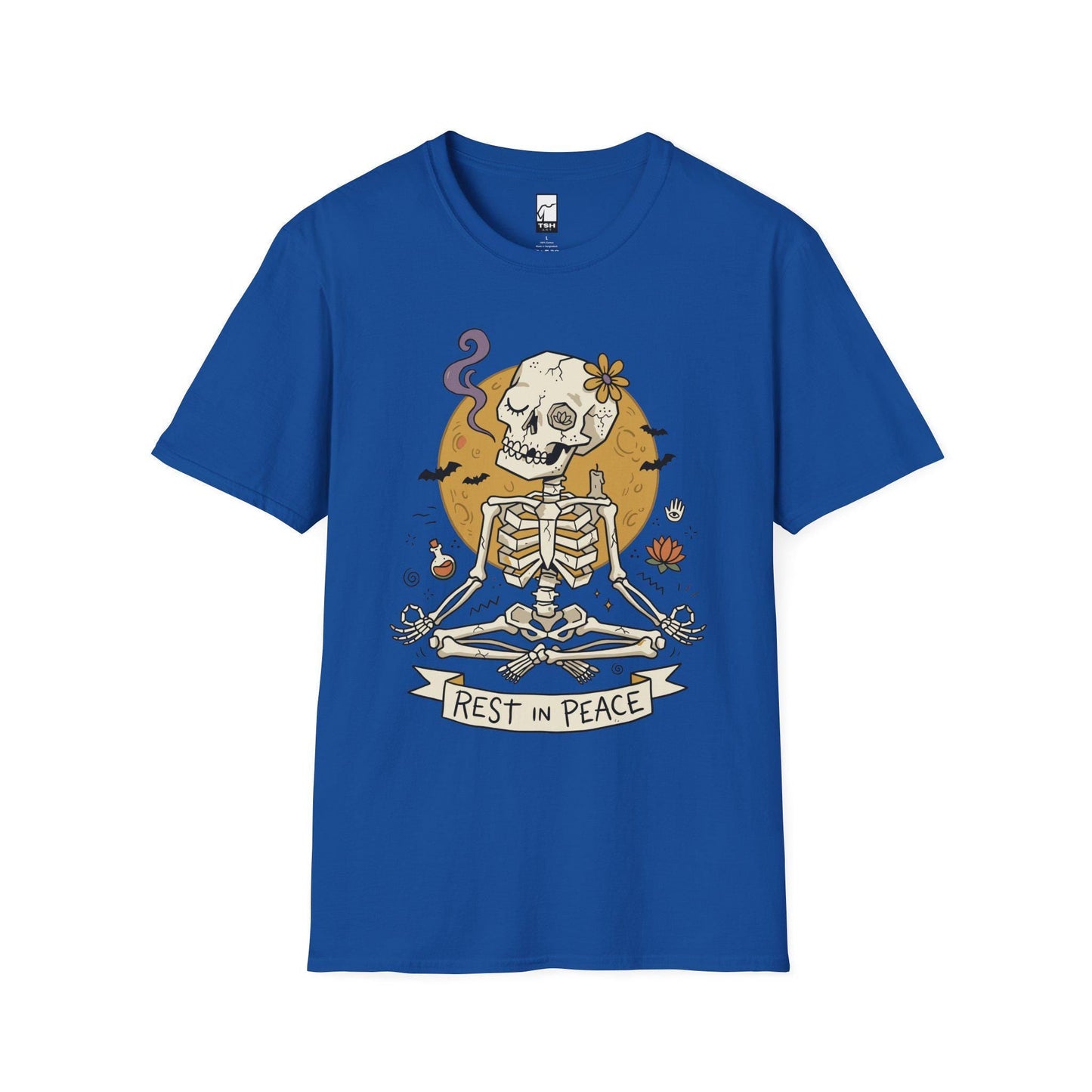 Skeleton Halloween Shirt | Rest In Peace Skull Tee | Full Moon Bat Graphic Tee | Yoga Meditation T Shirt | Vintage Spooky Tee | Unisex Gift