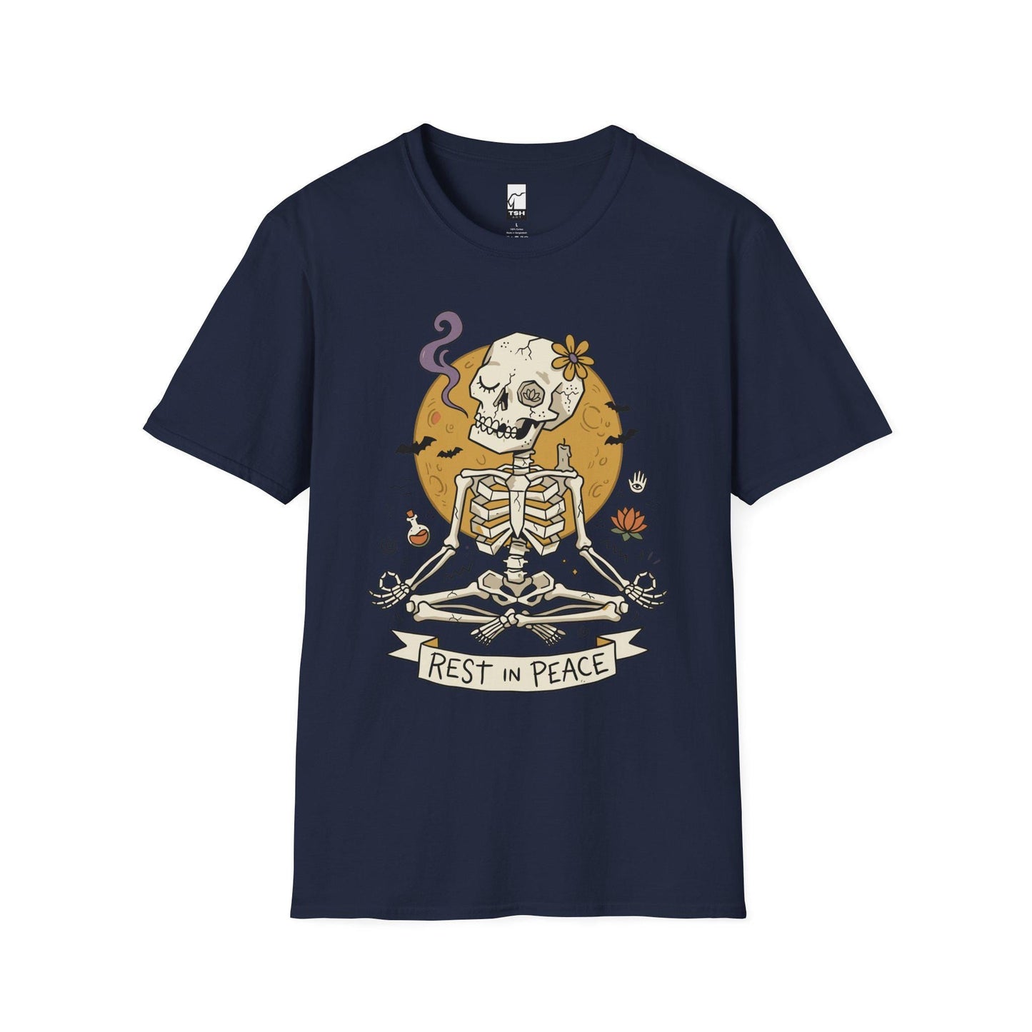 Skeleton Halloween Shirt | Rest In Peace Skull Tee | Full Moon Bat Graphic Tee | Yoga Meditation T Shirt | Vintage Spooky Tee | Unisex Gift