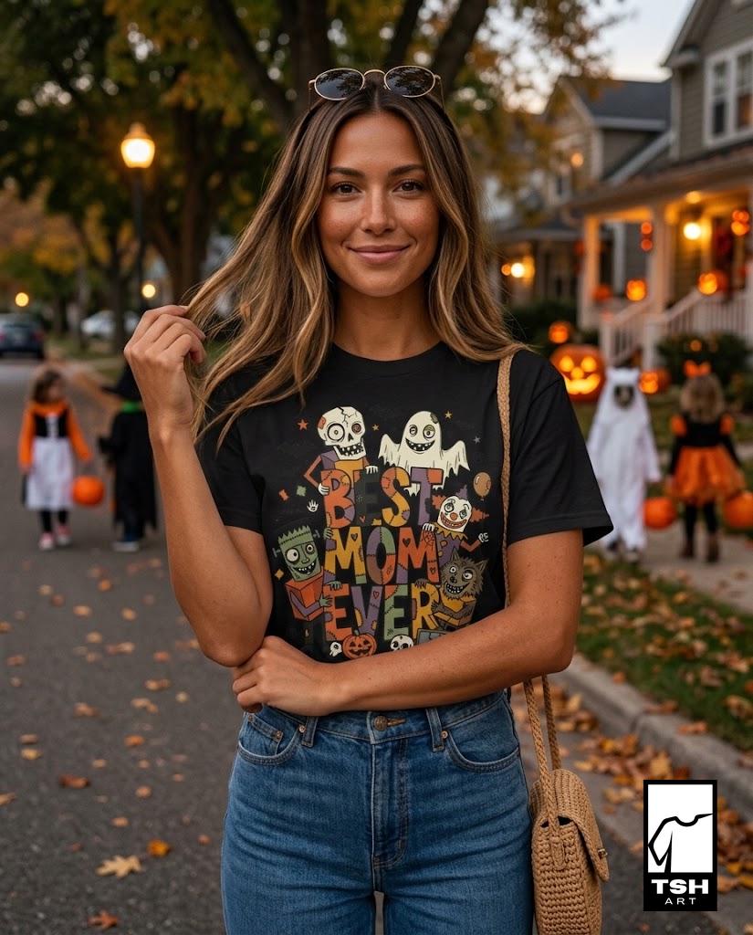 Best Mom Ever Halloween Shirt | Spooky Mama T Shirt | Cute Monster Graphic Tee | Horror Mom Fall Top | Retro Spooky Clothes | Unisex Gift