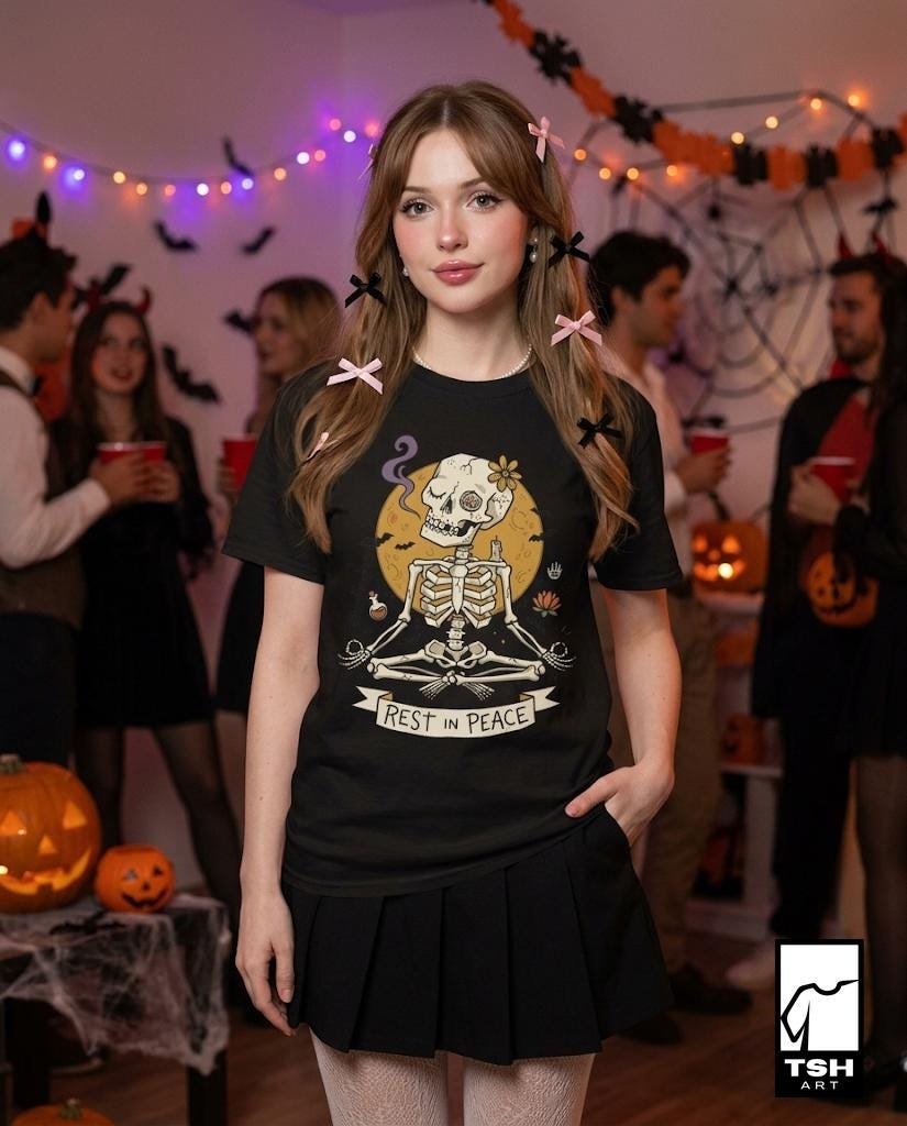Skeleton Halloween Shirt | Rest In Peace Skull Tee | Full Moon Bat Graphic Tee | Yoga Meditation T Shirt | Vintage Spooky Tee | Unisex Gift