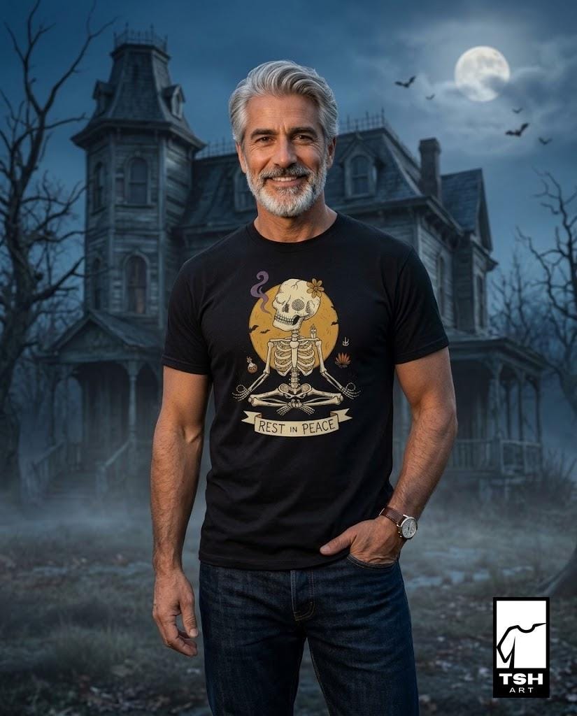 Skeleton Halloween Shirt | Rest In Peace Skull Tee | Full Moon Bat Graphic Tee | Yoga Meditation T Shirt | Vintage Spooky Tee | Unisex Gift