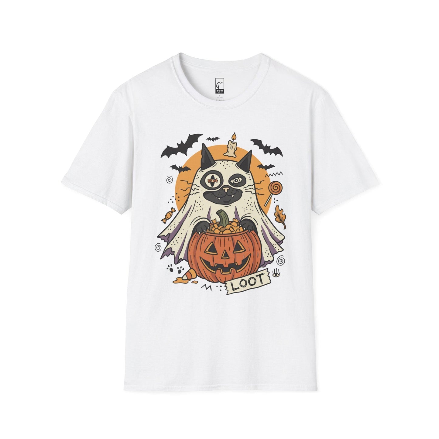 Ghost Cat Halloween Shirt | Spooky Kitten T Shirt | Cute Loot Graphic Tee | Retro Pumpkin Fall Top | Funny Cat Lover Clothes | Unisex Gift