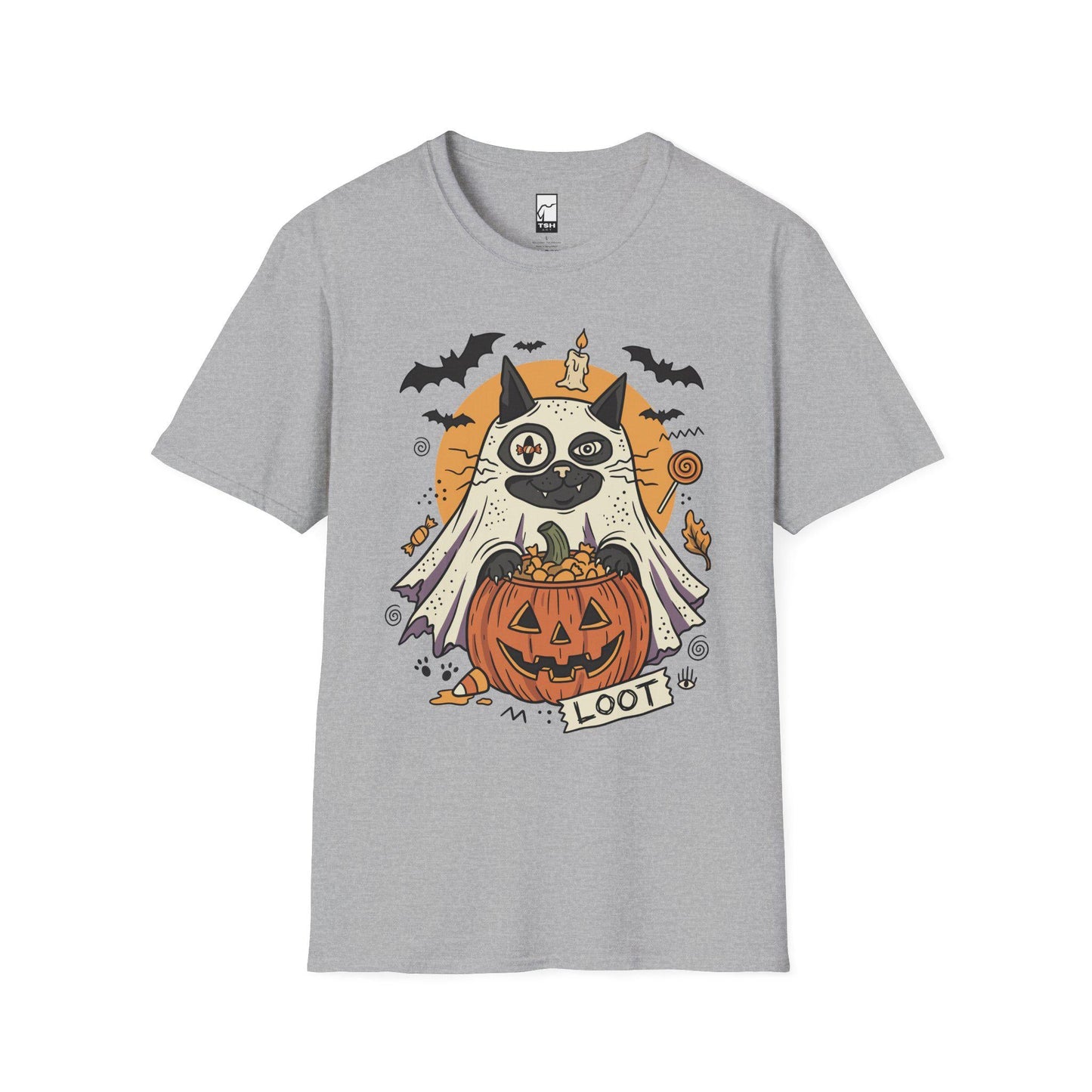 Ghost Cat Halloween Shirt | Spooky Kitten T Shirt | Cute Loot Graphic Tee | Retro Pumpkin Fall Top | Funny Cat Lover Clothes | Unisex Gift