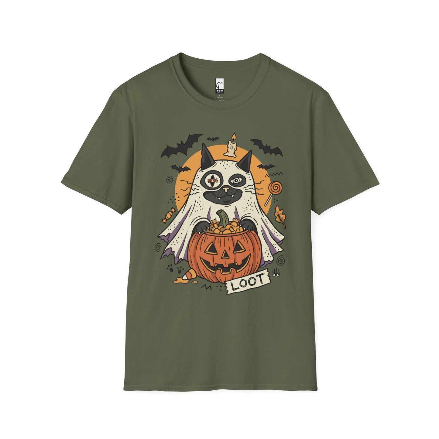 Ghost Cat Halloween Shirt | Spooky Kitten T Shirt | Cute Loot Graphic Tee | Retro Pumpkin Fall Top | Funny Cat Lover Clothes | Unisex Gift