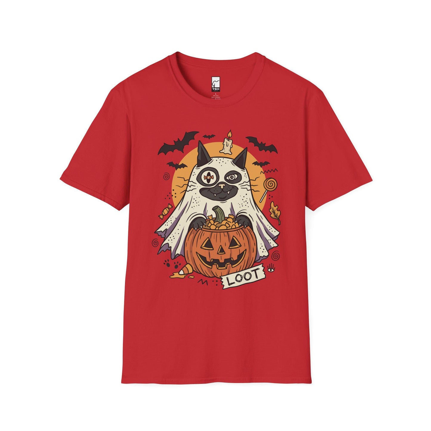 Ghost Cat Halloween Shirt | Spooky Kitten T Shirt | Cute Loot Graphic Tee | Retro Pumpkin Fall Top | Funny Cat Lover Clothes | Unisex Gift