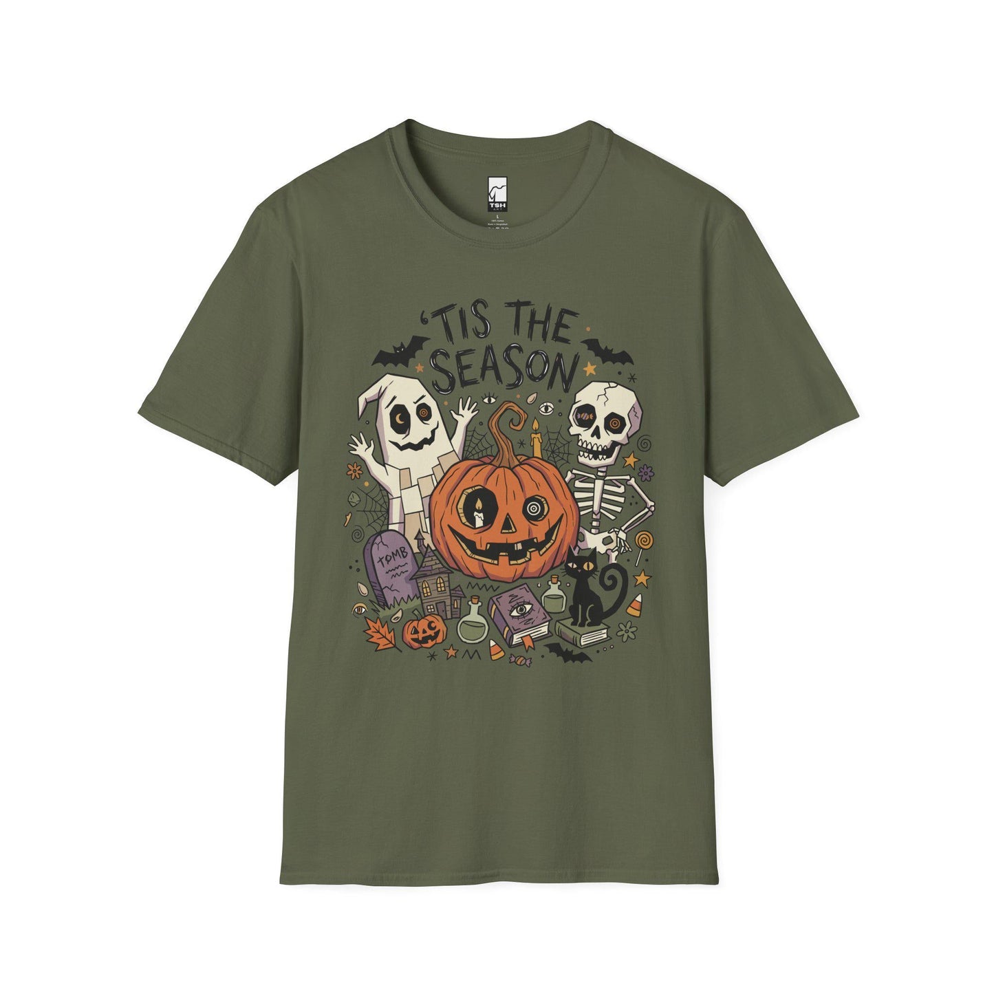 Tis The Season Halloween Shirt | Spooky Ghost T Shirt | Cute Pumpkin Graphic Tee | Retro Horror Fall Top | Gothic Cat Clothes | Unisex Gift