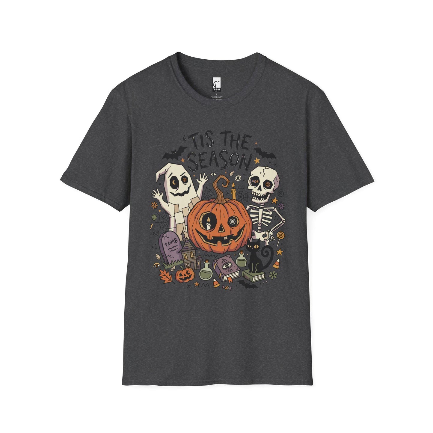 Tis The Season Halloween Shirt | Spooky Ghost T Shirt | Cute Pumpkin Graphic Tee | Retro Horror Fall Top | Gothic Cat Clothes | Unisex Gift