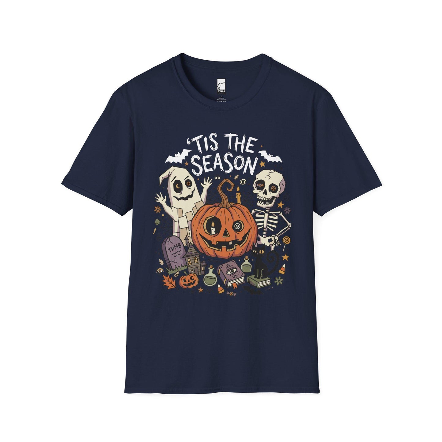 Tis The Season Halloween Shirt | Spooky Ghost T Shirt | Cute Pumpkin Graphic Tee | Retro Horror Fall Top | Gothic Cat Clothes | Unisex Gift